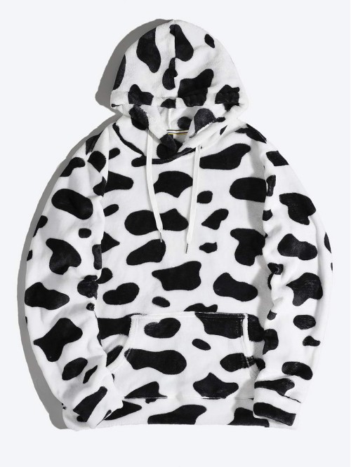 Men Cow Print Teddy Hoodie