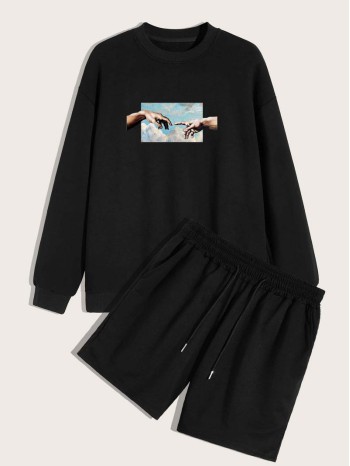 Men Figure Graphic Sweatshirt & Drawstring Waist Track Shorts