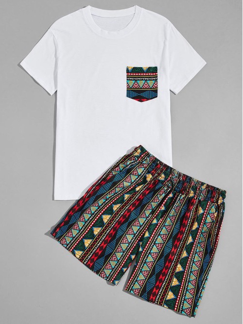 Men Aztec Print Tee With Shorts