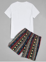 Men Aztec Print Tee With Shorts