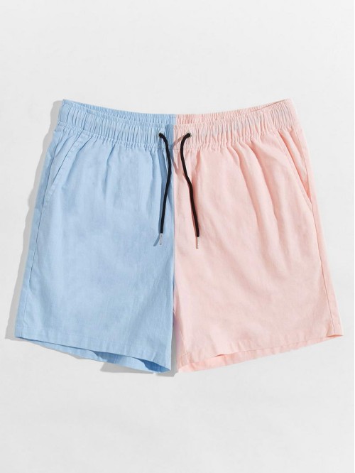 Men Drawstring Waist Two Tone Shorts