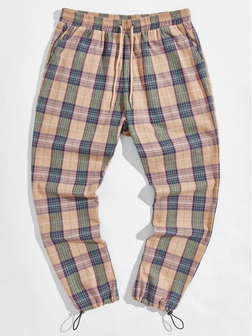 Men Drawstring Hem Tartan Pants