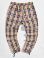 Men Drawstring Hem Tartan Pants