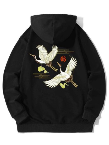 Men Chinese Letter & Crane Graphic Drawstring Hoodie