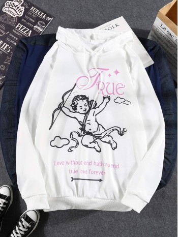 Men Slogan And Angel Print Drawstring Hoodie