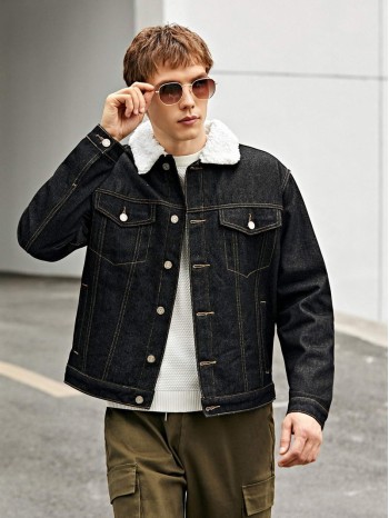 Men Button Through Denim Jacket With Borg Collar