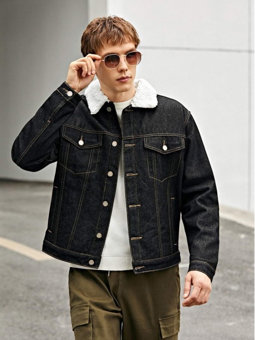 Men Button Through Denim Jacket With Borg Collar