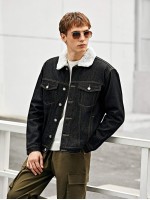 Men Button Through Denim Jacket With Borg Collar