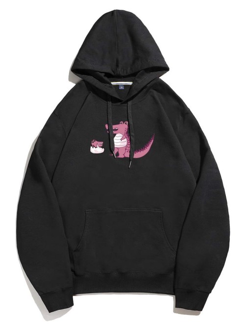 Men Cartoon Graphic Kangaroo Pocket Drawstring Hoodie