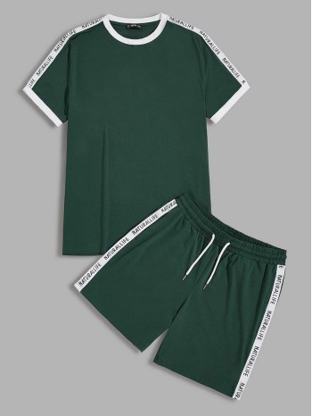 Men Contrast Letter Sideseam Ringer Tee and Track Shorts Set