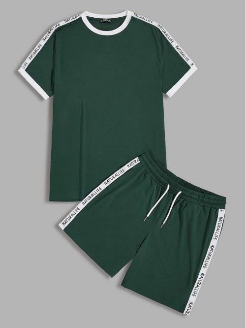 Men Contrast Letter Sideseam Ringer Tee and Track Shorts Set