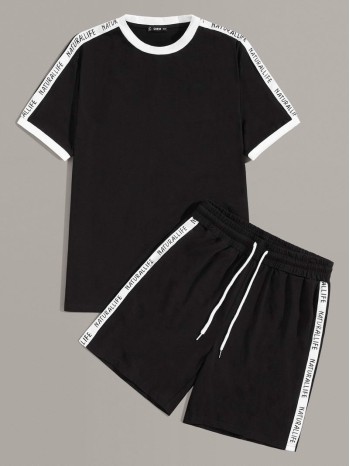 Men Letter Tape Side Ringer Top & Shorts Set