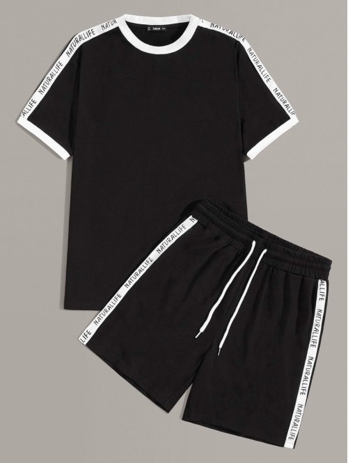 Men Letter Tape Side Ringer Top & Shorts Set