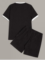 Men Letter Tape Side Ringer Top & Shorts Set