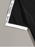 Men Letter Tape Side Ringer Top & Shorts Set