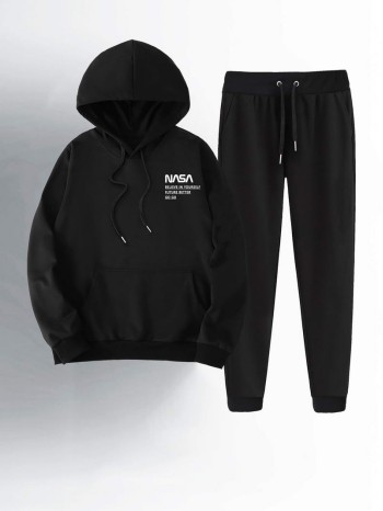 Men Slogan Graphic Hoodie & Drawstring Waist Sweatpants