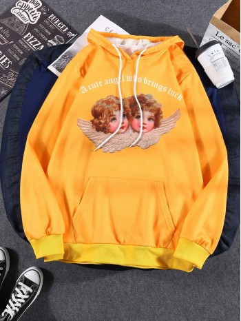 Men Angel & Slogan Graphic Kangaroo Pocket Hoodie