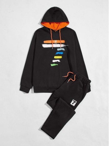 Men Letter and Brush Stroke Print Drawstring Hoodie & Joggers Set