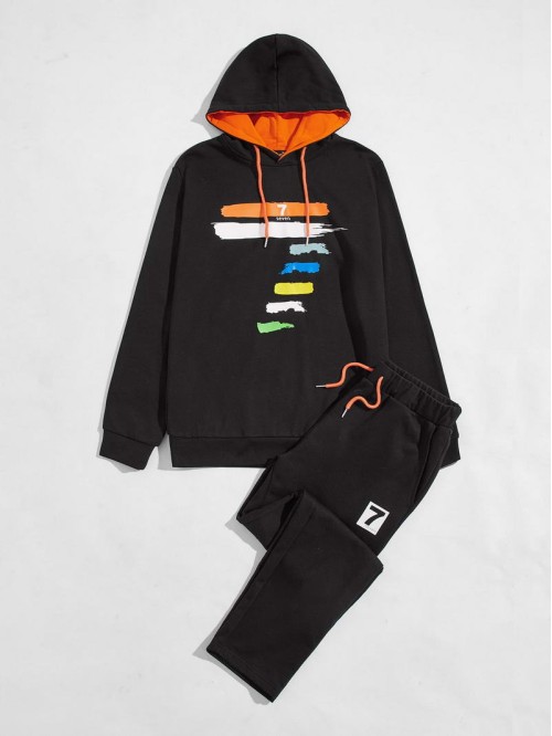 Men Letter and Brush Stroke Print Drawstring Hoodie & Joggers Set