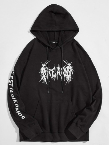 Men Slogan Graphic Drop Shoulder Drawstring Hoodie