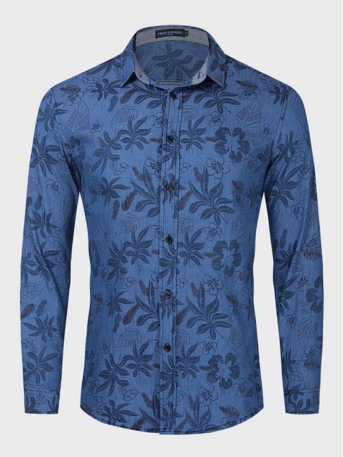 Men Leaf Print Button Front Denim Shirt