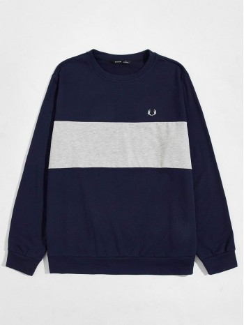 Men Embroidery Detail Colorblock Pullover