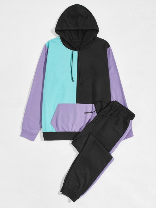 Men Colorblock Kangaroo Pocket Hoodie & Sweatpants