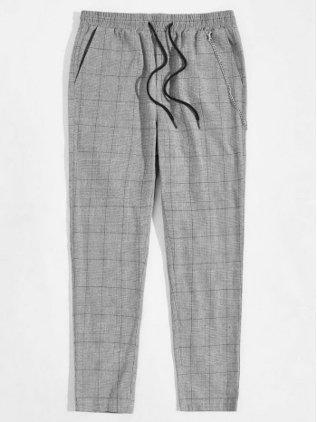 Men Chain Detail Slant Pocket Plaid Pants