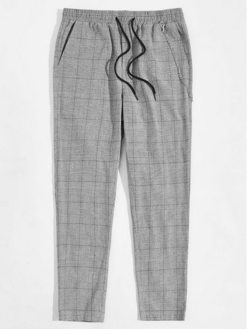 Men Chain Detail Slant Pocket Plaid Pants