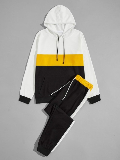 Men Color-block Kangaroo Pocket Drawstring Hoodie & Sweatpants