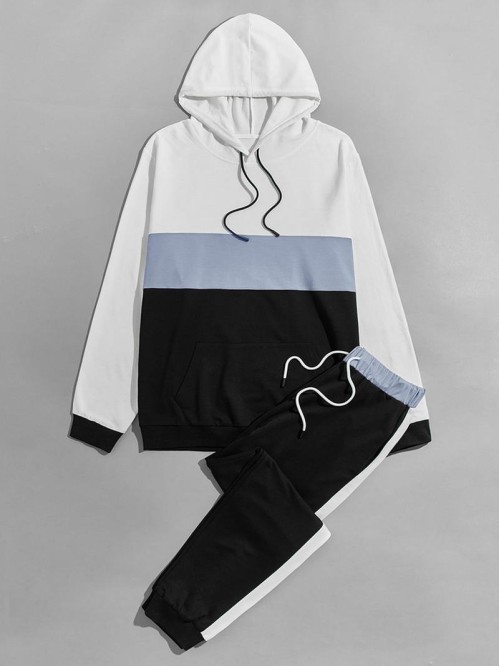 Men Color-block Kangaroo Pocket Drawstring Hoodie & Sweatpants