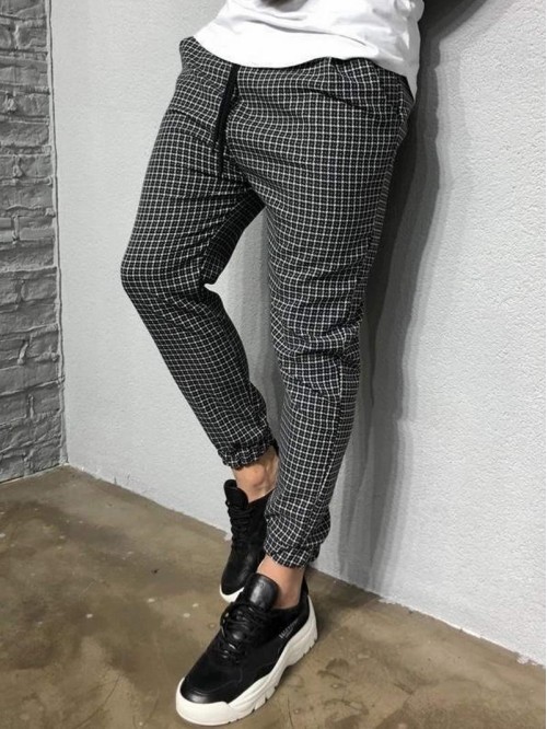 Men Drawstring Waist Plaid Pants