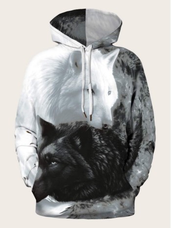 Men 3D Wolf Print Drawstring Hooded Sweatshirt