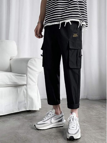 Men Drawstring Hem Flap Pocket Cargo Pants