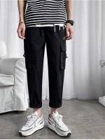 Men Drawstring Hem Flap Pocket Cargo Pants