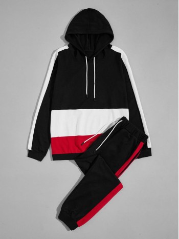 Men Colorblock Drawstring Hoodie & Sweatpants