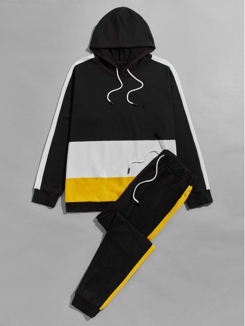 Men Colorblock Drawstring Hoodie & Sweatpants