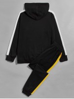 Men Colorblock Drawstring Hoodie & Sweatpants