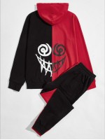 Men Cartoon Graphic Spliced Drawstring Hoodie & Joggers Set