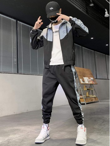 Men Color Block Graphic Print Jacket & Pants