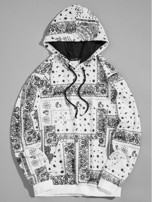 Men Drawstring Detail Paisley Print Hoodie