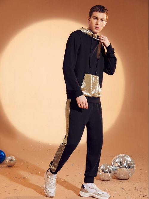 Men Drawstring Hoodie & Contrast Sideseam Sweatpants Set