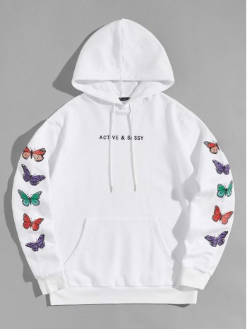 Men Butterfly Print Letter Embroidery Drawstring Hoodie