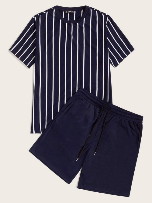 Men Striped Print Top & Drawstring Waist Shorts Set