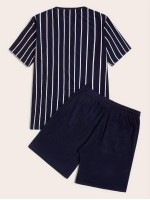 Men Striped Print Top & Drawstring Waist Shorts Set