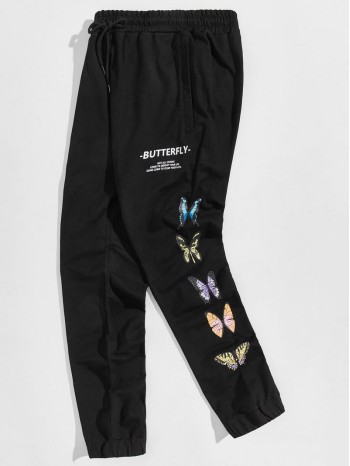 Men Butterfly & Slogan Drawstring Joggers