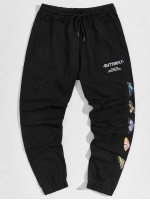 Men Butterfly & Slogan Drawstring Joggers