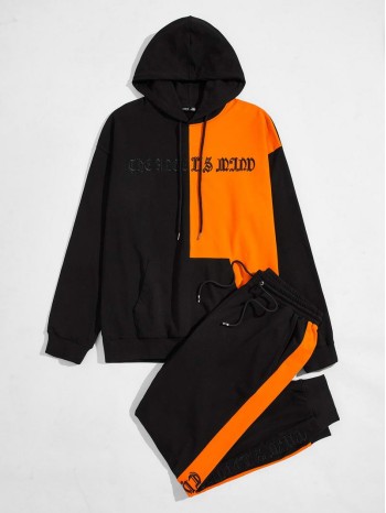 Men Slogan Embroidered Colorblock Hoodie & Joggers Set