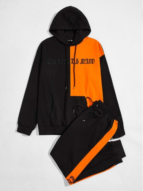 Men Slogan Embroidered Colorblock Hoodie & Joggers Set