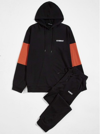 Men Patched Detail Colorblock Drawstring Hoodie & Joggers Set